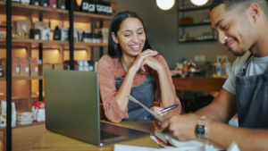Coffee chain employees sharing a connected experience