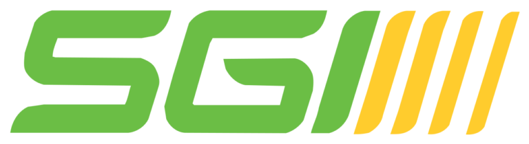 Les lettres « SG » en vert, suivies de quatre lignes diagonales jaunes sur un fond gris clair. Le style est moderne, avec des bords arrondis et des lignes nettes et audacieuses.