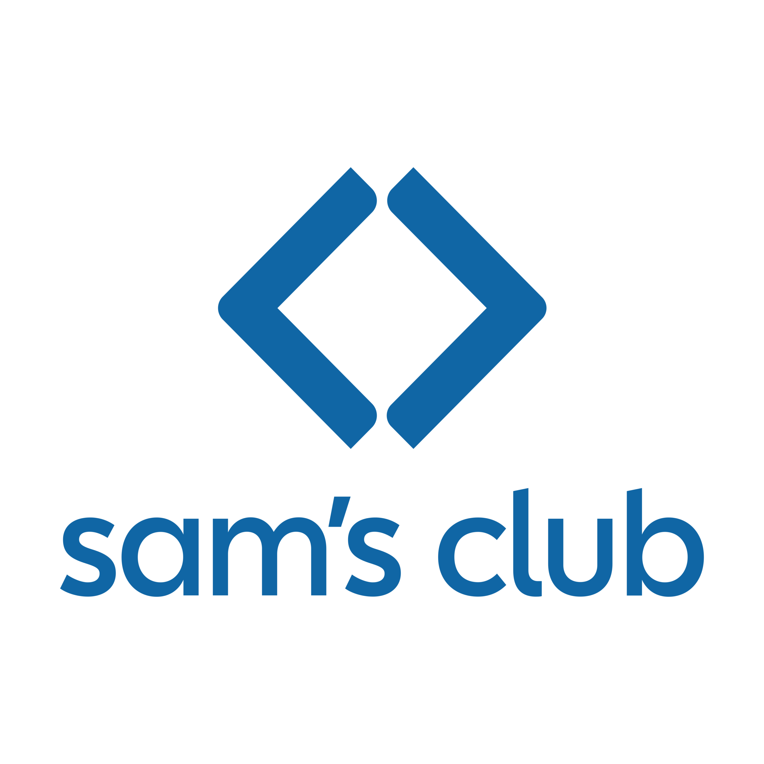 Das Sam’s Club-Logo besteht aus zwei blauen Rauten, die ein offenes Quadrat bilden und über dem in Kleinbuchstaben geschriebenen Schriftzug „sam’s club“ in Blau auf weißem Hintergrund angeordnet sind.