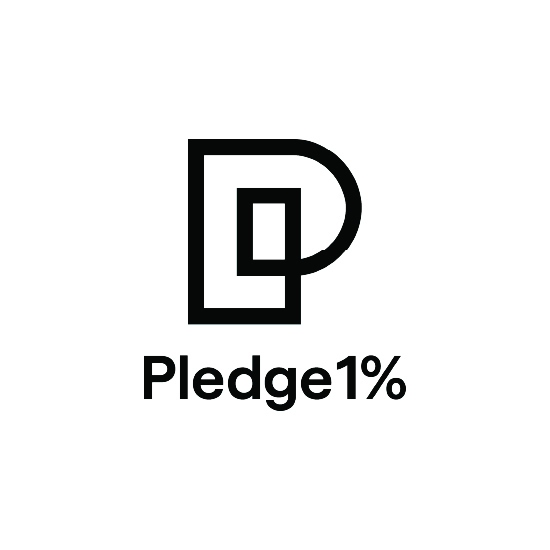 Una «P» contorneada en negro y un logotipo cuadrado situados encima de las palabras «Pledge 1%», escritas en negrita y en negro sobre fondo blanco.