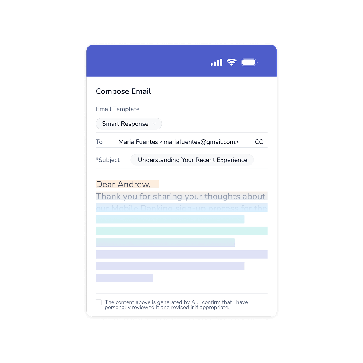 Uma interface digital exibe um rascunho de e-mail intitulado “Entendendo sua experiência recente”, endereçado a Andrew, com o conteúdo gerado por IA destacado e uma caixa de seleção para confirmar a revisão e aprovação do e-mail.