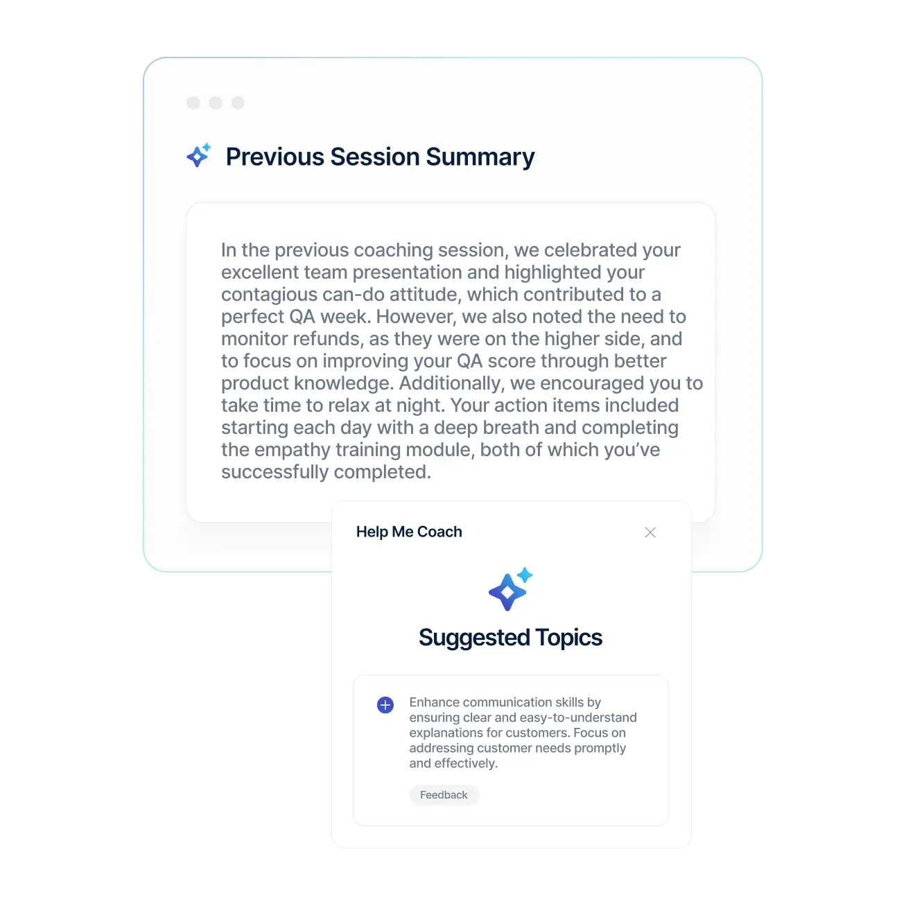 Uma interface digital exibe um resumo da sessão anterior com comentários sobre uma sessão de coaching, e uma janela pop-up abaixo sugere o aprimoramento das habilidades de comunicação como próximo passo.