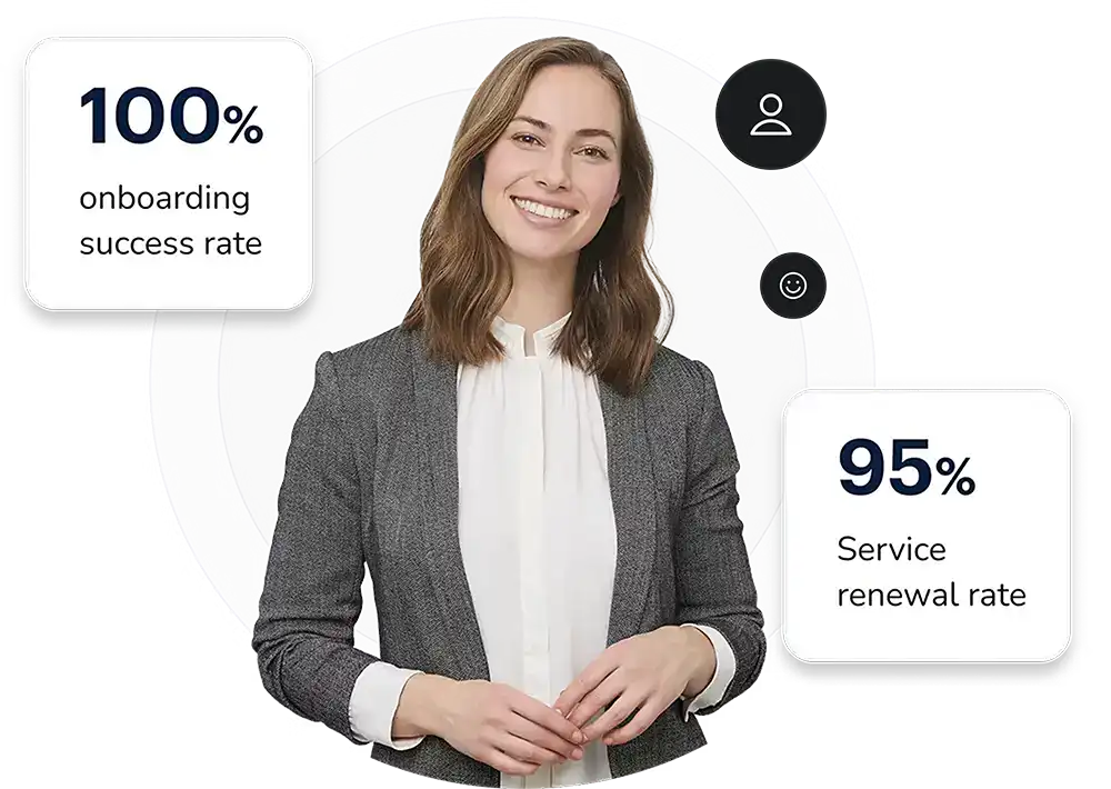 A smiling woman in business attire stands between two statistics: 100% onboarding success rate on the left and 95% service renewal rate on the right. Icons appear above each statistic.
