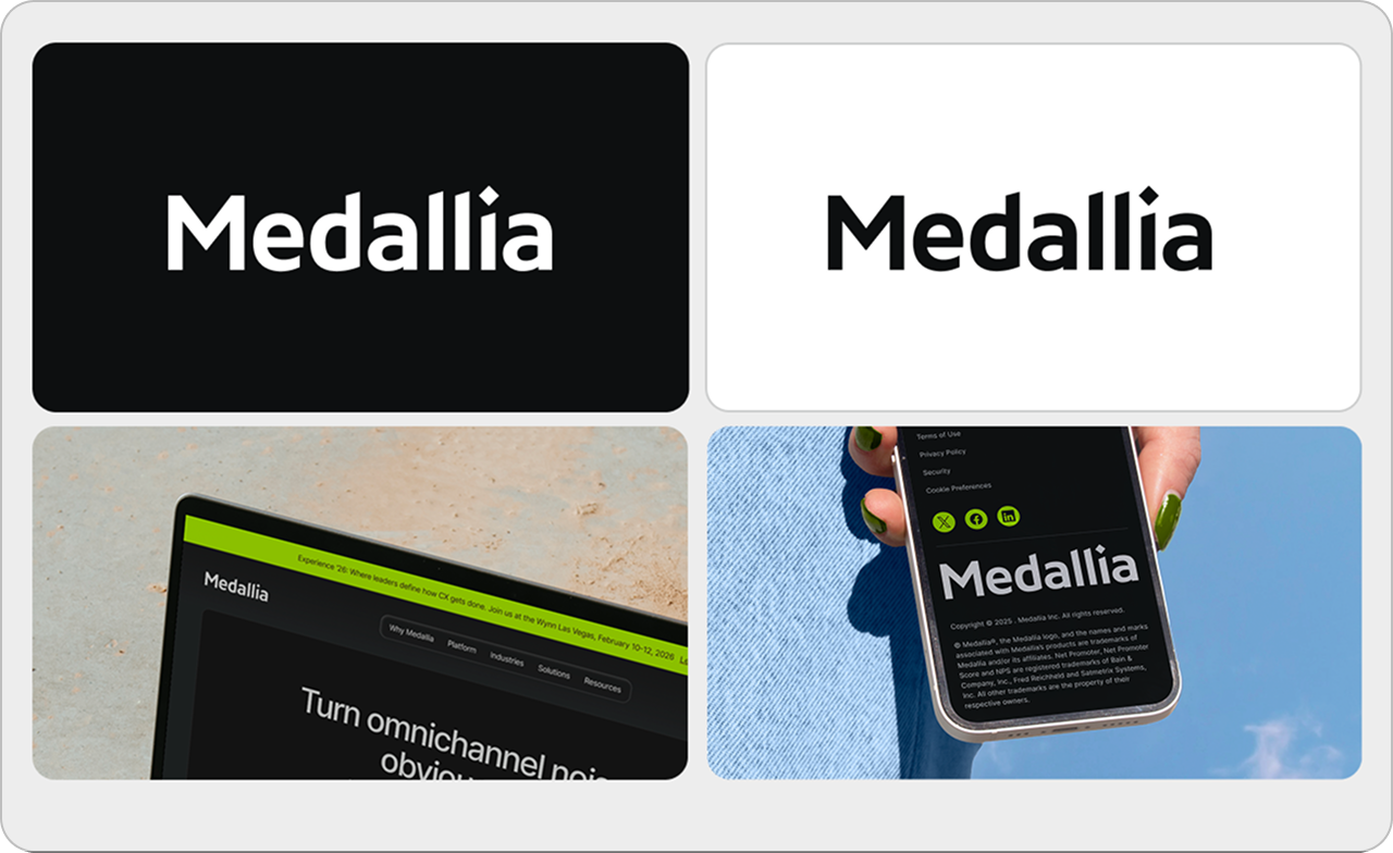 A collage of four images showing the word “Medallia” in different styles: two with bold text on dark and light backgrounds, one on a laptop screen, and one displayed on a smartphone held in a hand.