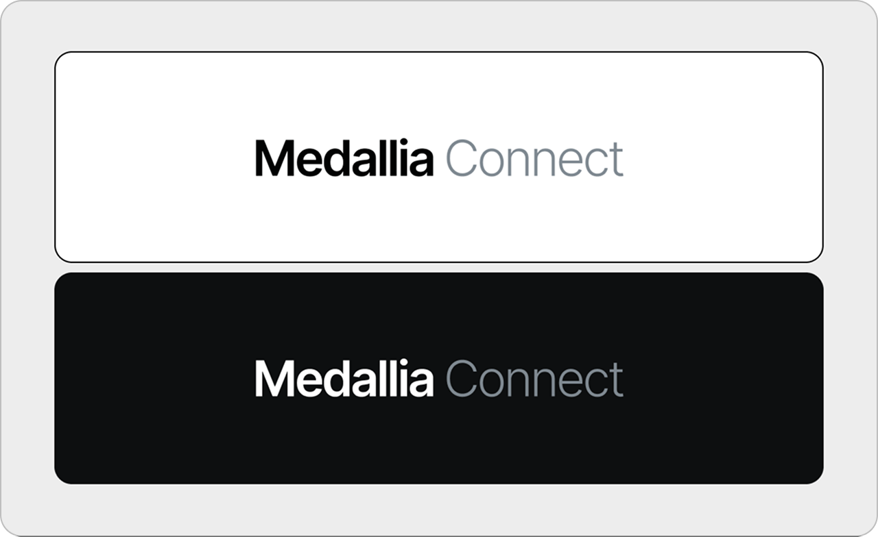 Two rectangular banners: the top has a white background with Medallia Connect in black and gray text; the bottom has a black background with Medallia Connect in white and gray text.