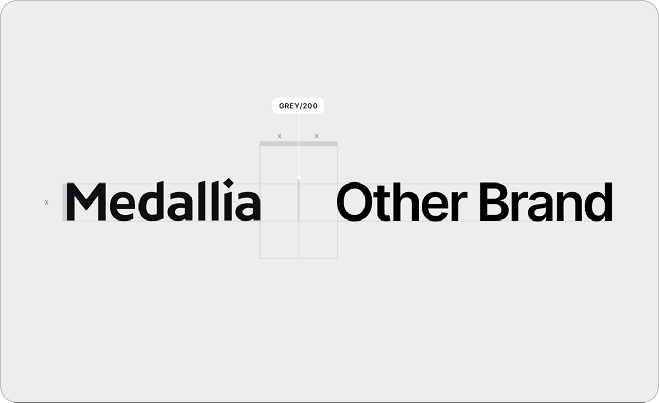 The image shows the words Medallia and Other Brand in bold black text on a light grey background labeled GREY/200, with space and a grid between the two words.