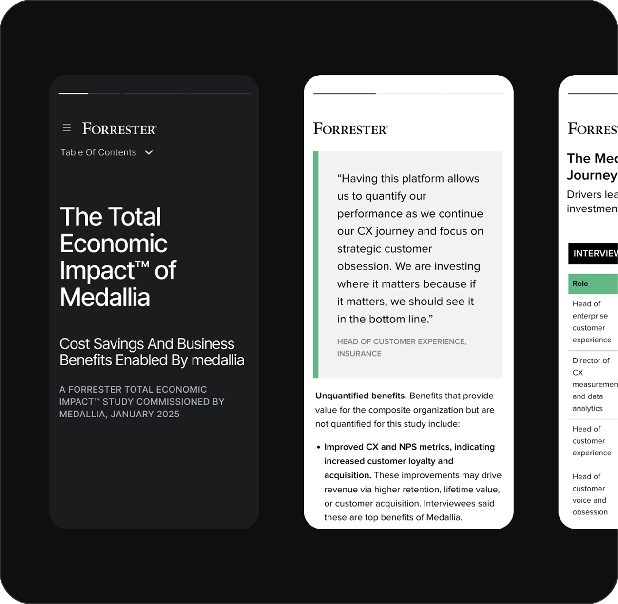 Tres pantallas de teléfonos móviles muestran un estudio de Forrester sobre el impacto económico de Medallia, en el que se destacan las ventajas comerciales, una cita sobre la experiencia del cliente y una sección en la que se analizan los indicadores de mejora.