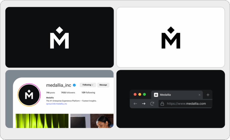 네 개의 패널에는 흑백 배경에 적용된 Medallia 다양한 변형, 인스타그램 프로필, 그리고 웹 브라우저에 표시된 웹사이트 홈페이지가 보여집니다.