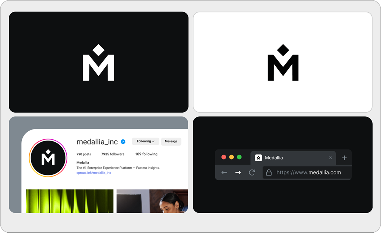 Four panels show variations of the Medallia logo on black and white backgrounds, its Instagram profile, and its website homepage displayed in a web browser.