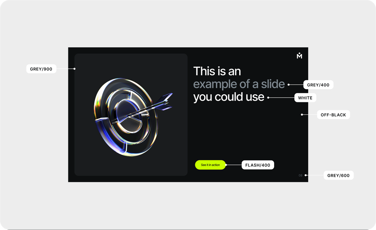 A slide features a 3D metallic target with an arrow on the left and sample text on the right that reads, This is an example of a slide you could use. Color labels and swatches are shown around the slide.
