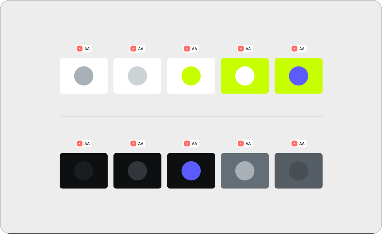 A color palette with two rows of color swatches. The top row has light backgrounds with colored circles; the bottom row has dark backgrounds with colored circles. Accessibility icons are shown above each swatch.