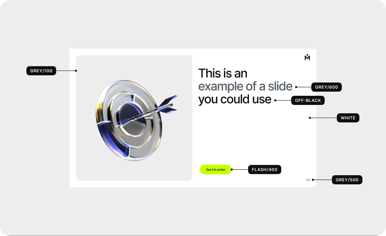A presentation slide with a metallic bullseye and blue dart on the left, and text on the right reading This is an example of a slide you could use. Color labels highlight various slide design elements.