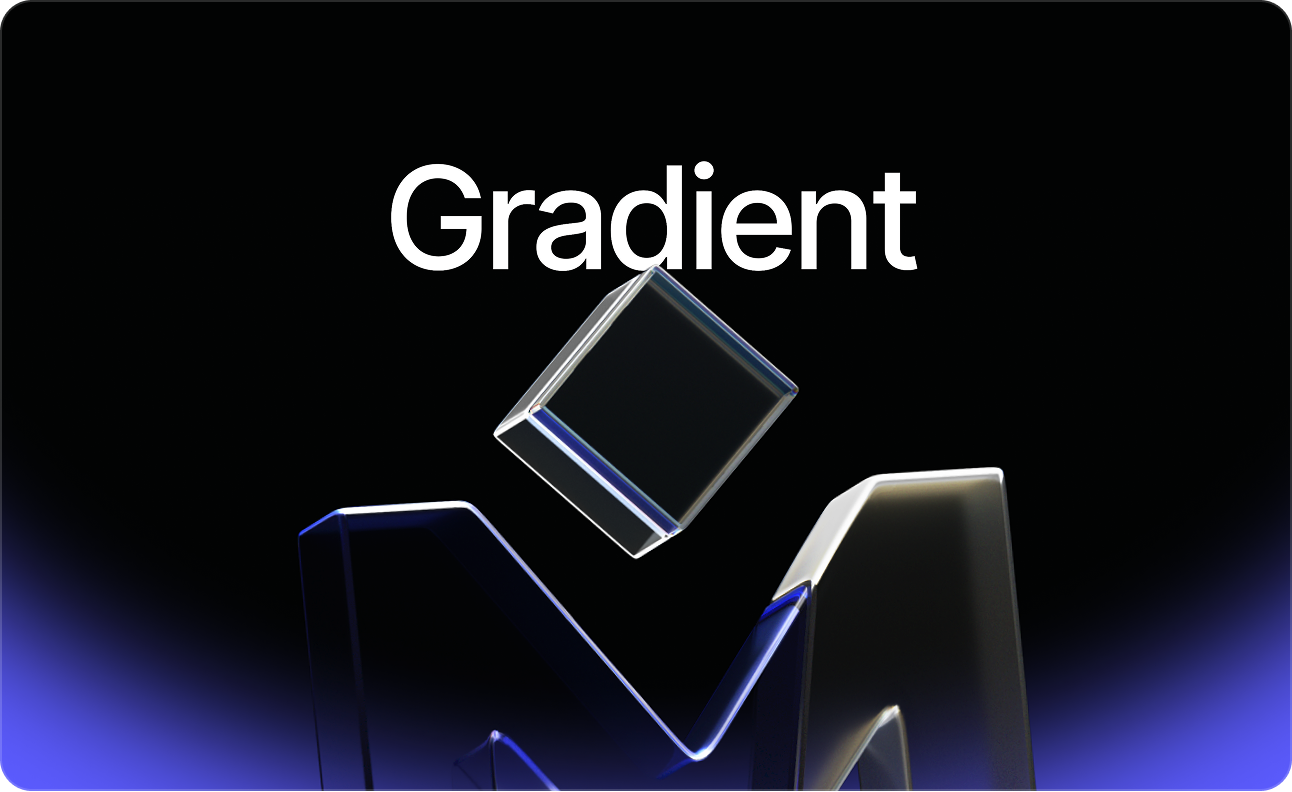 A 3D translucent cube floats above a stylized M shape on a dark background with a blue gradient at the bottom. The word Gradient appears in bold white text at the top center.