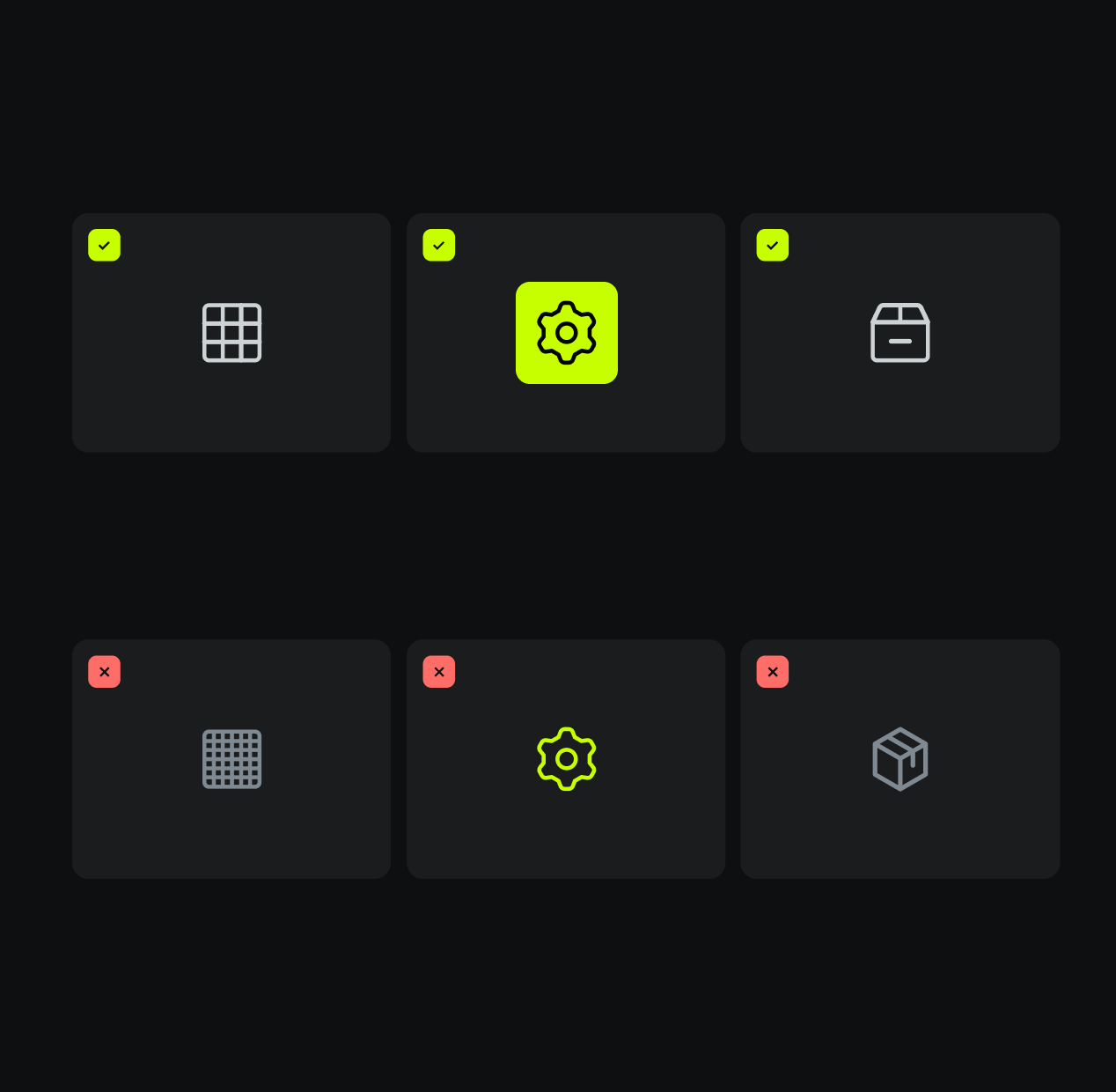A grid of six dark cards with icons: the top row has a grid, gear, and box icon with green check marks; the bottom row has the same icons in the same order with red X marks. The gear icon background is highlighted.