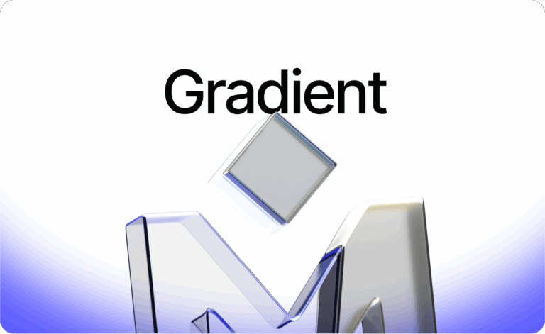 하얀 바탕에 검은색으로 대담하게 쓰인 'Gradient'라는 글자 아래로, 유리 큐브가 얹힌 금속제 문자 M이 떠 있다. 글자 아래쪽은 파란색으로 점차 흐려져 간다.