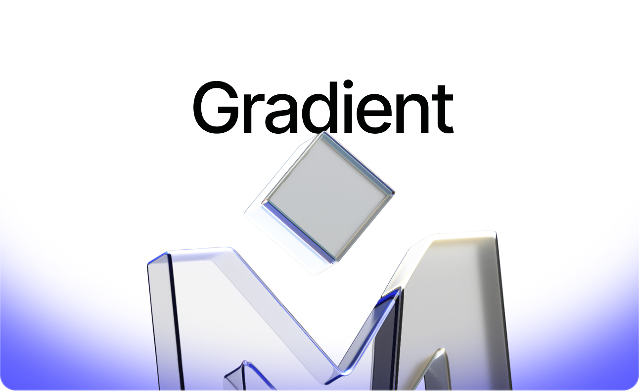 A metallic letter M topped with a glassy cube floats beneath the bold black word Gradient on a white background fading to blue at the bottom.