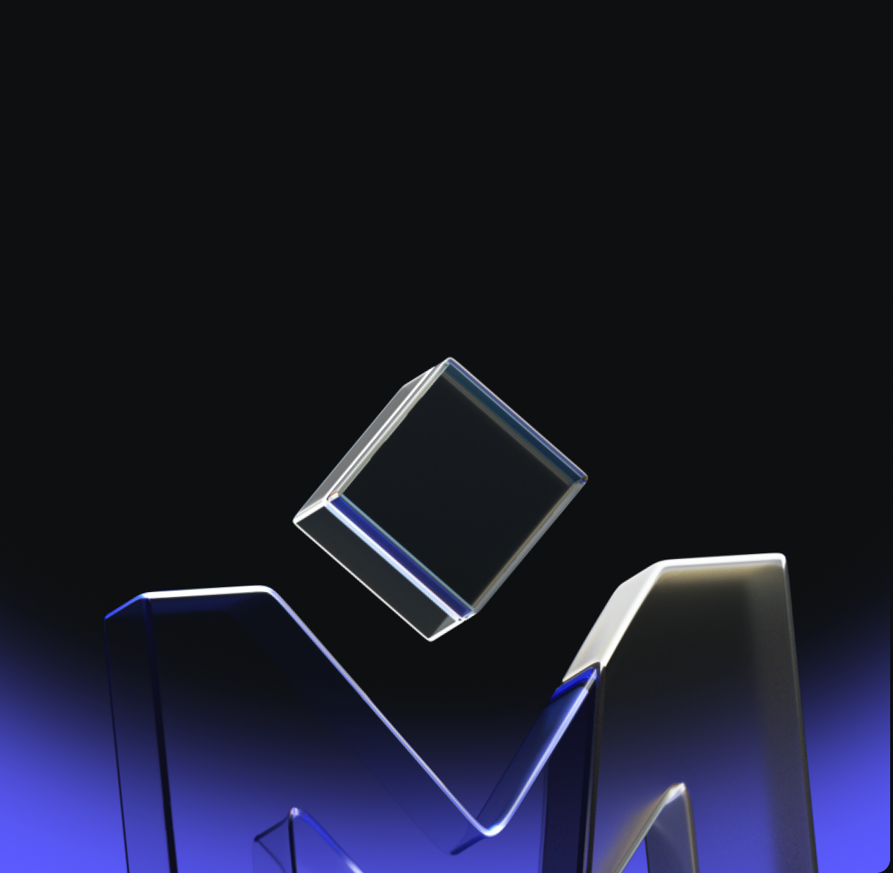 A transparent glass cube floats above the edge of a glossy, angular blue shape against a dark background with a blue gradient at the bottom.