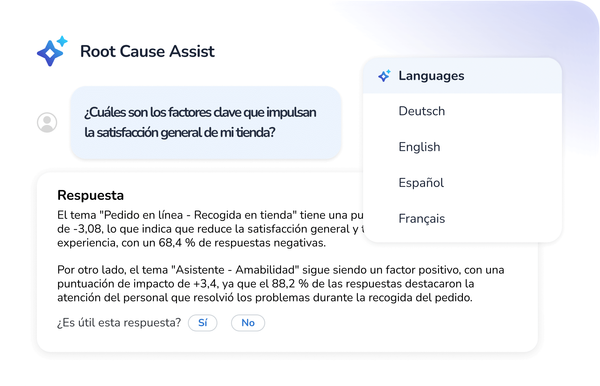 A interface do usuário do Root Cause Assist exibe uma pergunta sobre os fatores de satisfação na loja, um campo de resposta que aborda o impacto do serviço de retirada e um menu suspenso para selecionar os idiomas: Deutsch, English, Español e Français.