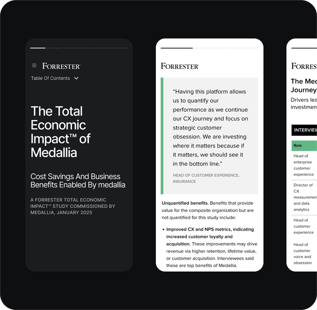 Tre schermi mobili mostrano uno studio di Forrester intitolato «The Total Economic Impact™ of Medallia», che evidenzia i risparmi sui costi, i vantaggi aziendali e customer experience resi possibili dalla piattaforma Medallia.
