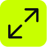 Un cuadrado verde neón con esquinas redondeadas presenta dos flechas negras, una apuntando hacia arriba y a la derecha, y la otra apuntando hacia abajo y a la izquierda, lo que sugiere un cambio de tamaño o una ampliación.