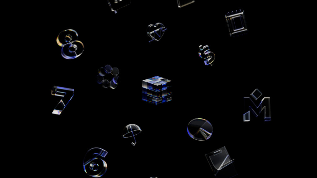 Glossy, transparent icons and numbers—such as a heart, umbrella, calendar, and digits—float against a black background, with a blue, glassy Rubik’s cube at the center.