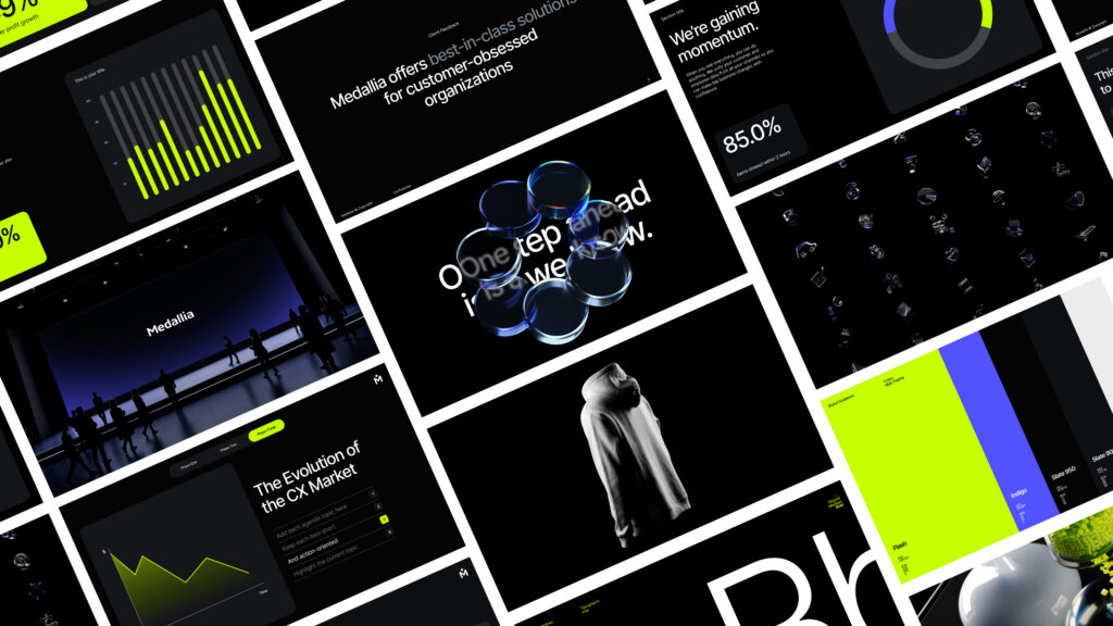 A collage of digital screens displays graphs, charts, text about market solutions, a stage with presenters, abstract 3D shapes, and neon green accents on mainly black backgrounds.