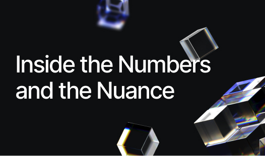 Su uno sfondo nero si legge, in caratteri bianchi, la scritta “Inside the Numbers and the Nuance”, circondata da diverse forme cubiche trasparenti simili a vetro.
