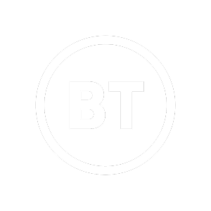 A white circle encloses the bold uppercase letters BT on a light gray background.