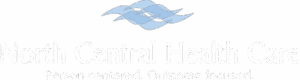 노스 센트럴 헬스케어(North Central Health Care)의 로고로, 기관명 위쪽에 파란색의 추상적인 물결 무늬가 배치되어 있으며, “매일 헌신적이고 따뜻한 돌봄”이라는 슬로건이 함께합니다. 배경은 밝은 회색입니다.