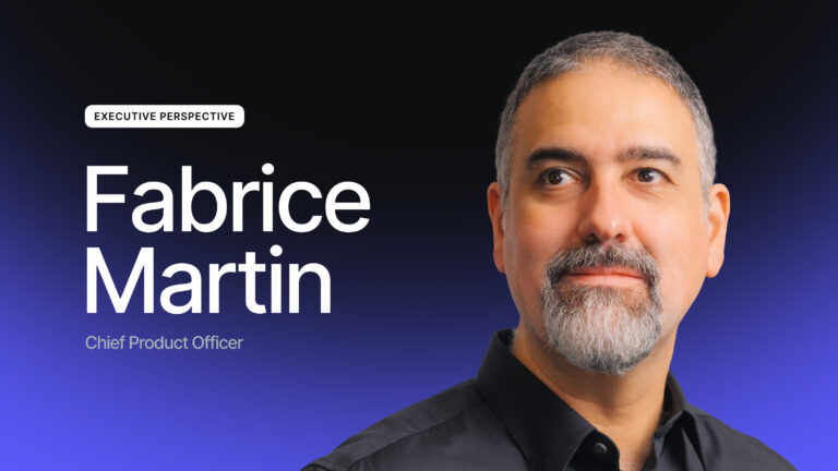 A man with short gray hair and a beard, wearing a black shirt, looks to the side. Text reads: Fabrice Martin, Chief Product Officer, Executive Perspective on a dark gradient background.