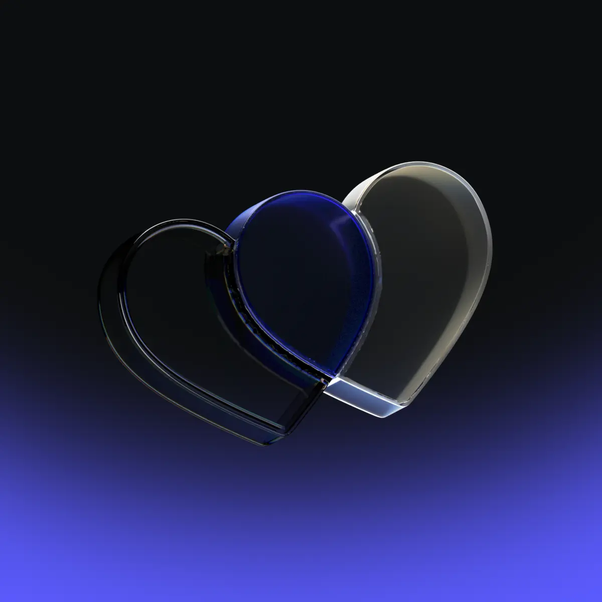 Two transparent heart-shaped figures, one dark blue and one clear, are intertwined against a gradient black to deep blue background. The hearts appear glossy and slightly reflective.
