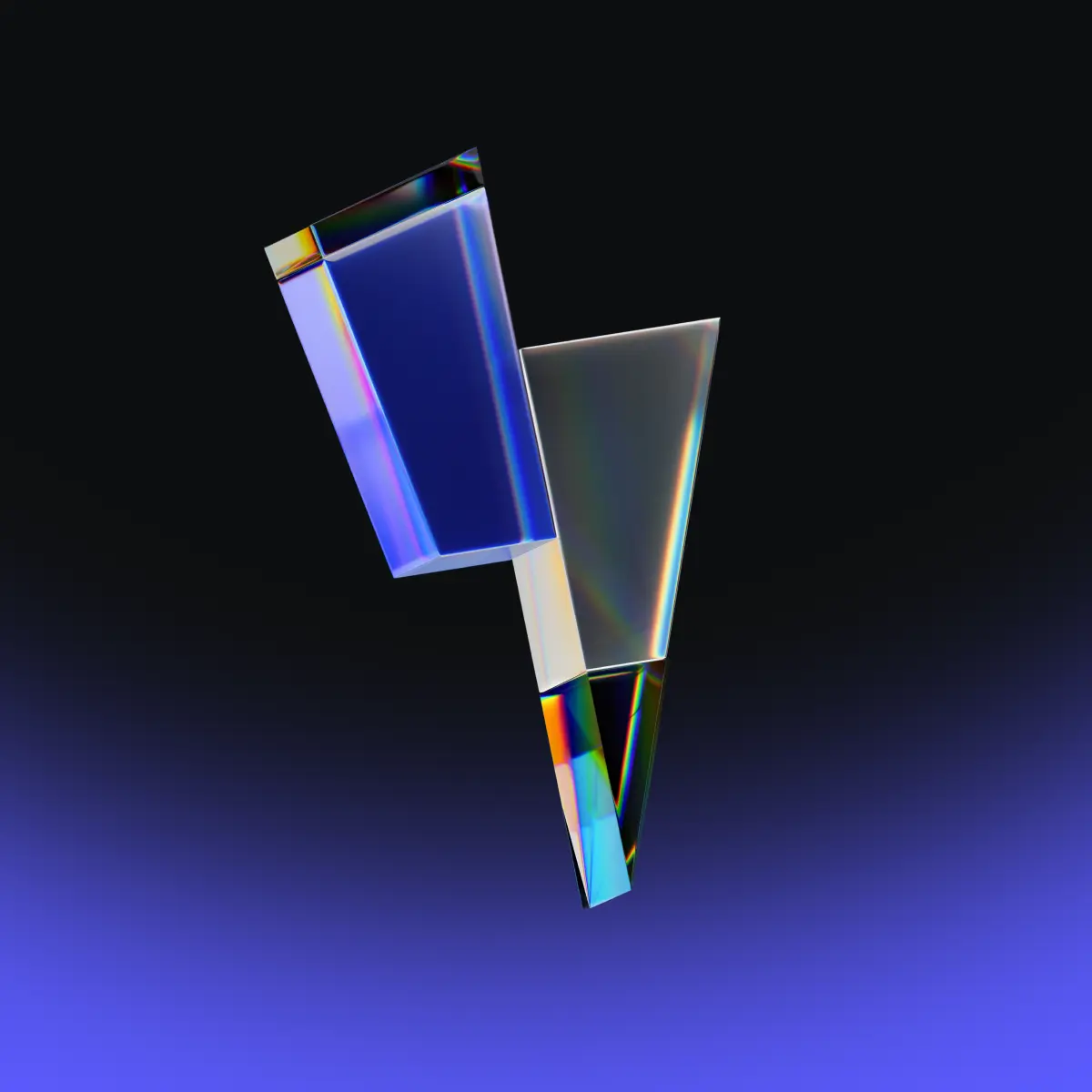 A stylized, translucent lightning bolt shape with rainbow reflections floats against a black to blue gradient background.