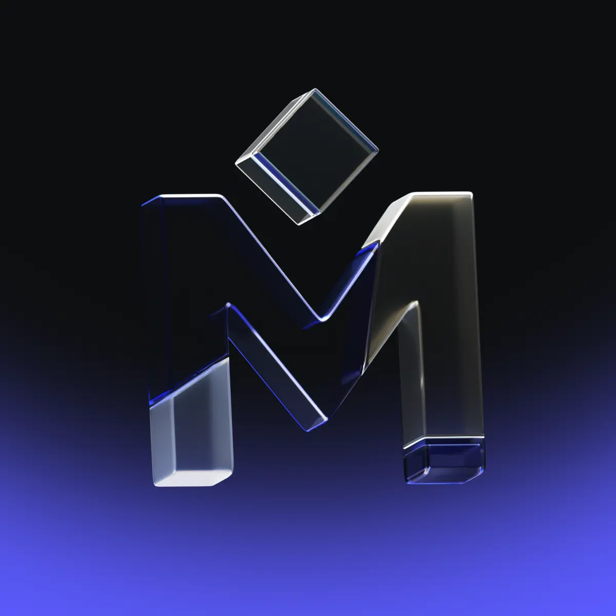 A transparent, glass-like letter M with a floating glass cube above it, set against a dark background that fades to blue at the bottom.