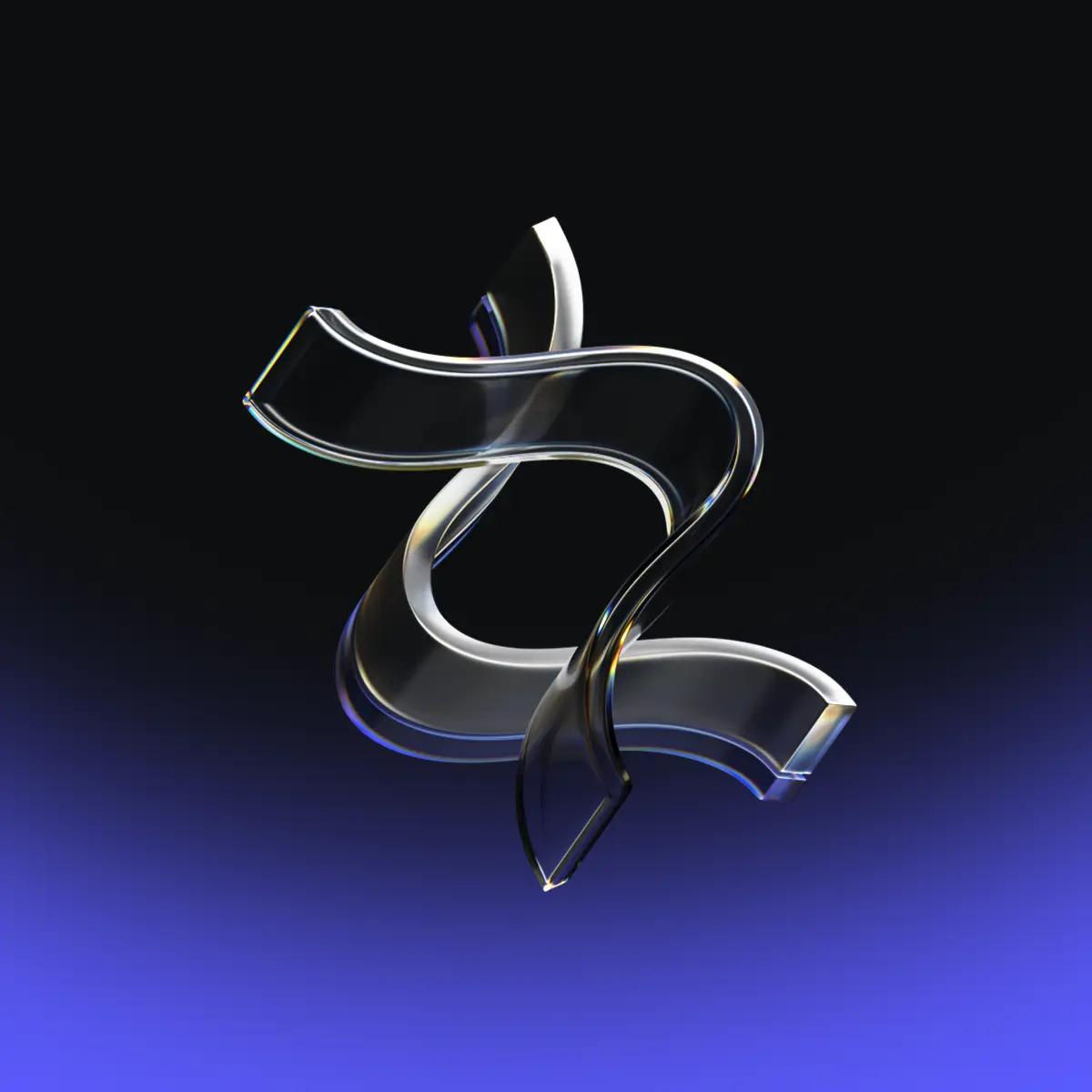 A transparent, twisted glass ribbon floats above a blue-to-black gradient background, creating an abstract and modern design.
