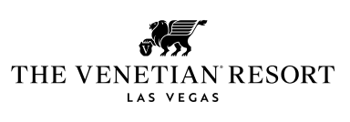 Logotipo do The Venetian Resort Las Vegas, apresentando um leão alado preto acima do nome do resort, escrito em letras maiúsculas e em negrito, sobre um fundo claro.