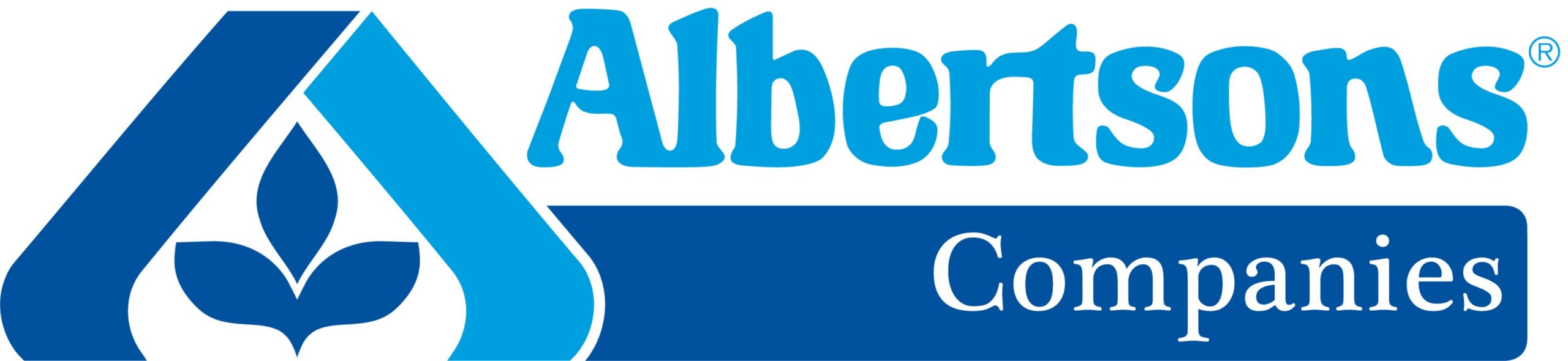 Albertsons Companies logo featuring a stylized blue A with a white drop and leaf inside, next to the company name in blue text on a white background.