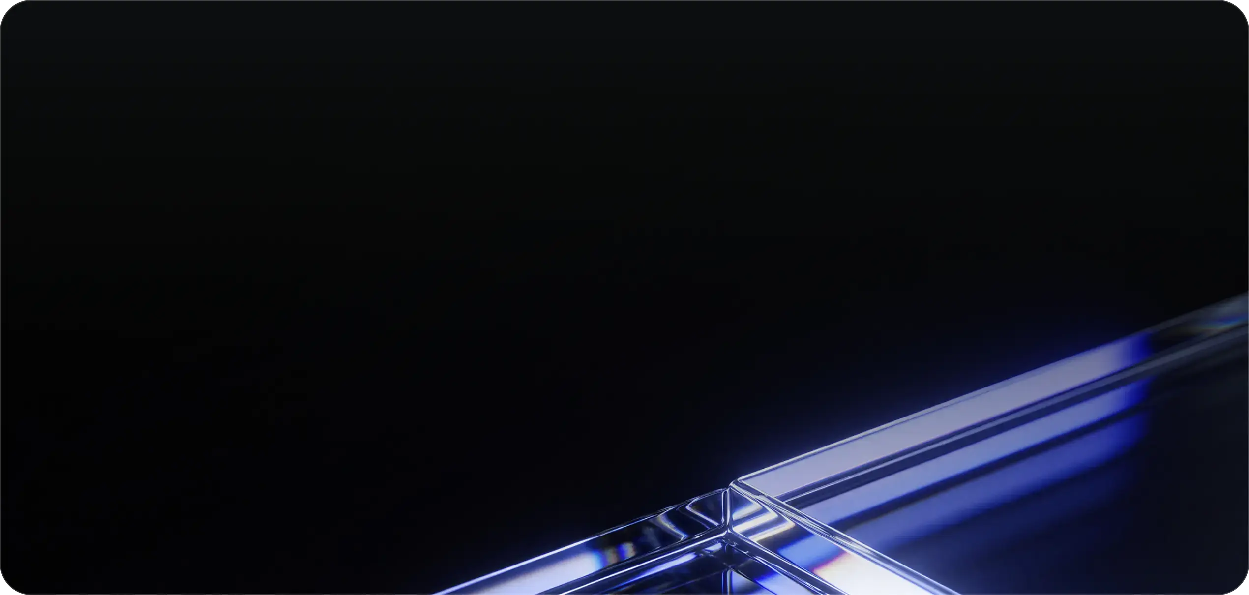 A sleek, reflective metallic or glass edge with blue lighting appears at the bottom of the image against a smooth black background.