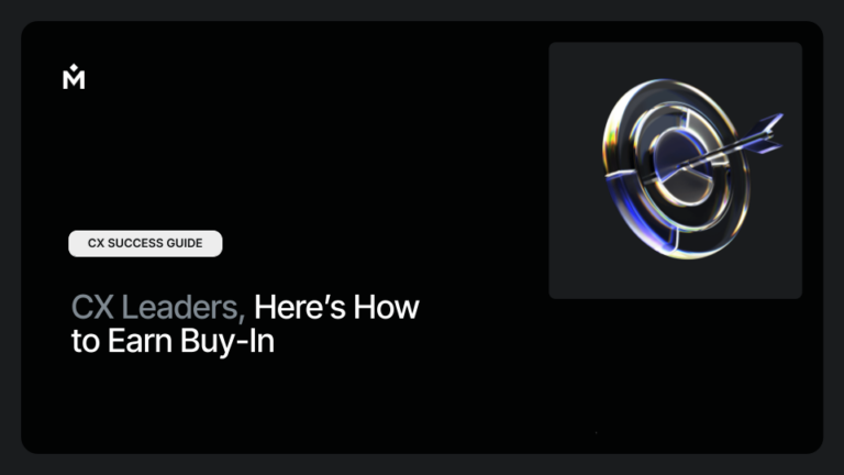 A black background with white text reading CX Leaders, Heres How to Earn Buy-In. A circular target with an arrow in the center appears on the right. A CX SUCCESS GUIDE button is at the top left.