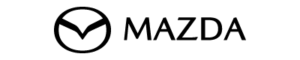 Mazda logo: a stylized, symmetrical M inside an oval, next to the word MAZDA in bold, black capital letters on a light gray background.