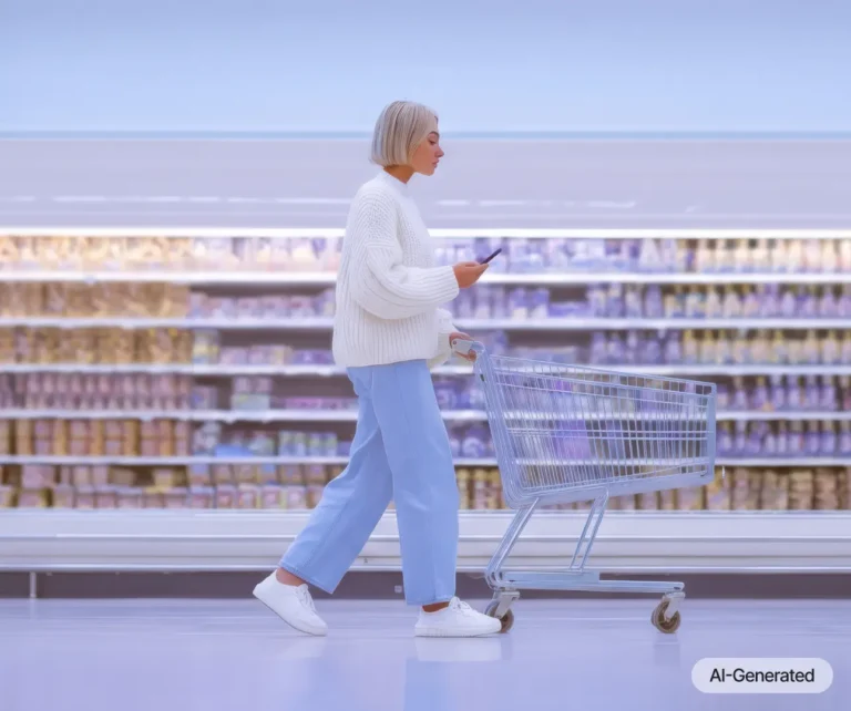 Una persona con el pelo corto y un jersey blanco empuja un carrito de la compra mientras sostiene un teléfono en un pasillo muy iluminado de un supermercado, con estanterías llenas de productos.