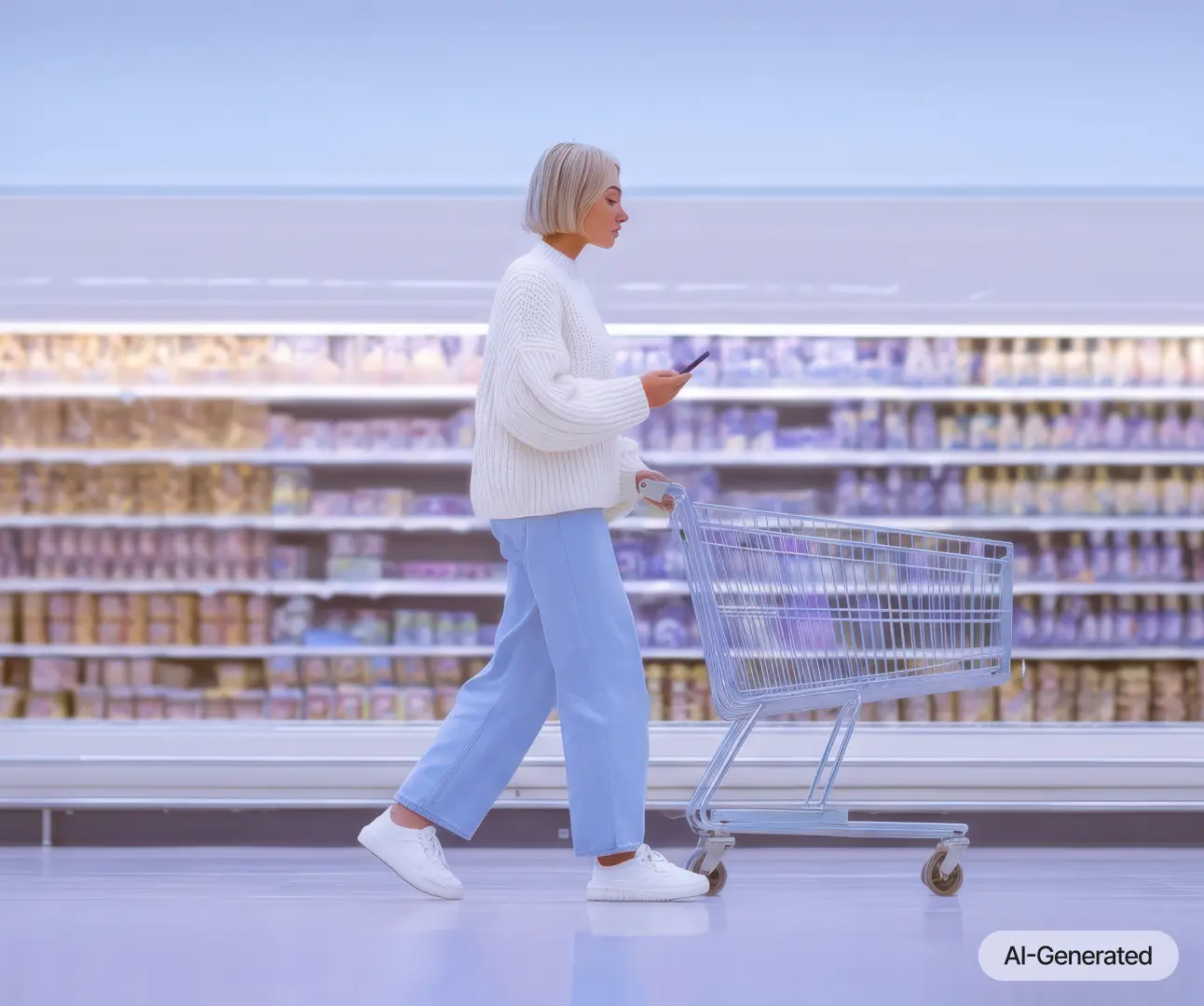 A person with short hair and a white sweater pushes a shopping cart while holding a phone in a brightly lit grocery store aisle with shelves of products.