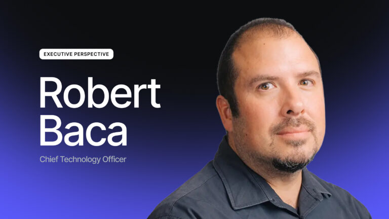 A man with short hair and a beard is shown on the right. Text on the left reads Robert Baca, Chief Technology Officer on a dark blue gradient background.