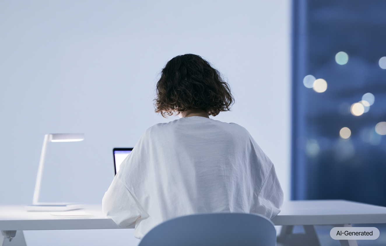 Person with short, curly hair sits at a desk working on a laptop in a minimal, modern room. A desk lamp is on the left, and city lights are visible through a window in the background.