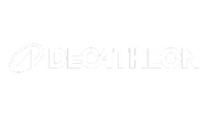 White Decathlon logo on a light grey background, featuring an oval shape to the left of the brand name in all capital letters.