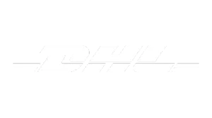 The DHL logo in white on a light gray background, with stylized, bold capital letters and horizontal lines suggesting speed.