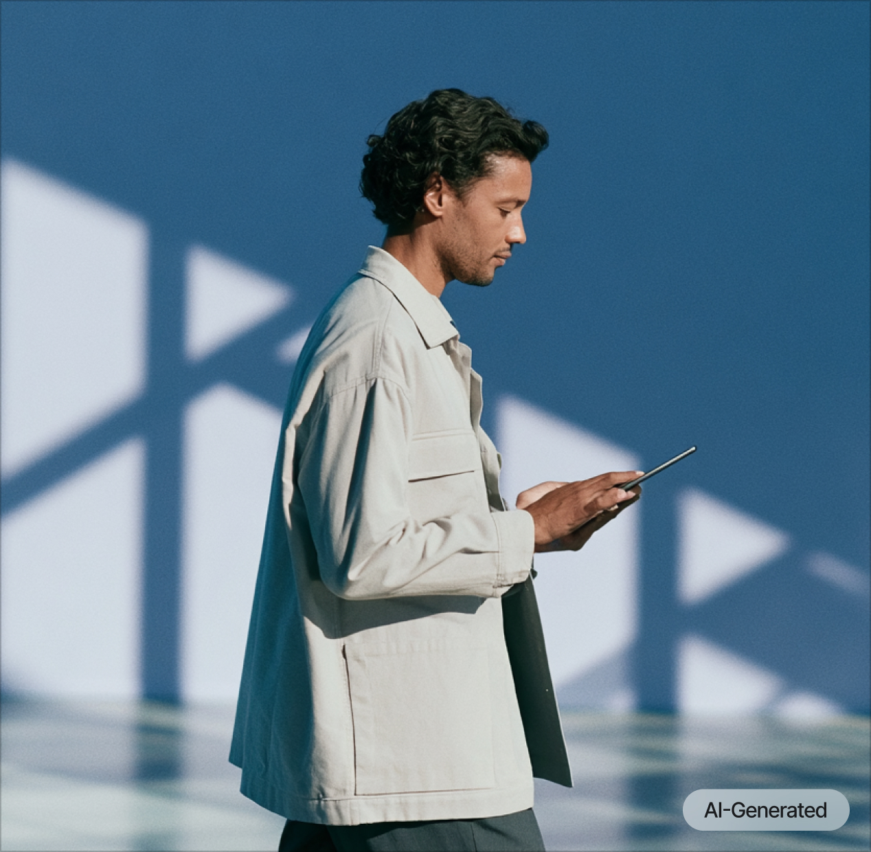 A man in a light jacket stands sideways, looking at a tablet device. Sunlight creates geometric shadows on the blue wall behind him. A small AI-Generated label appears in the lower right corner.