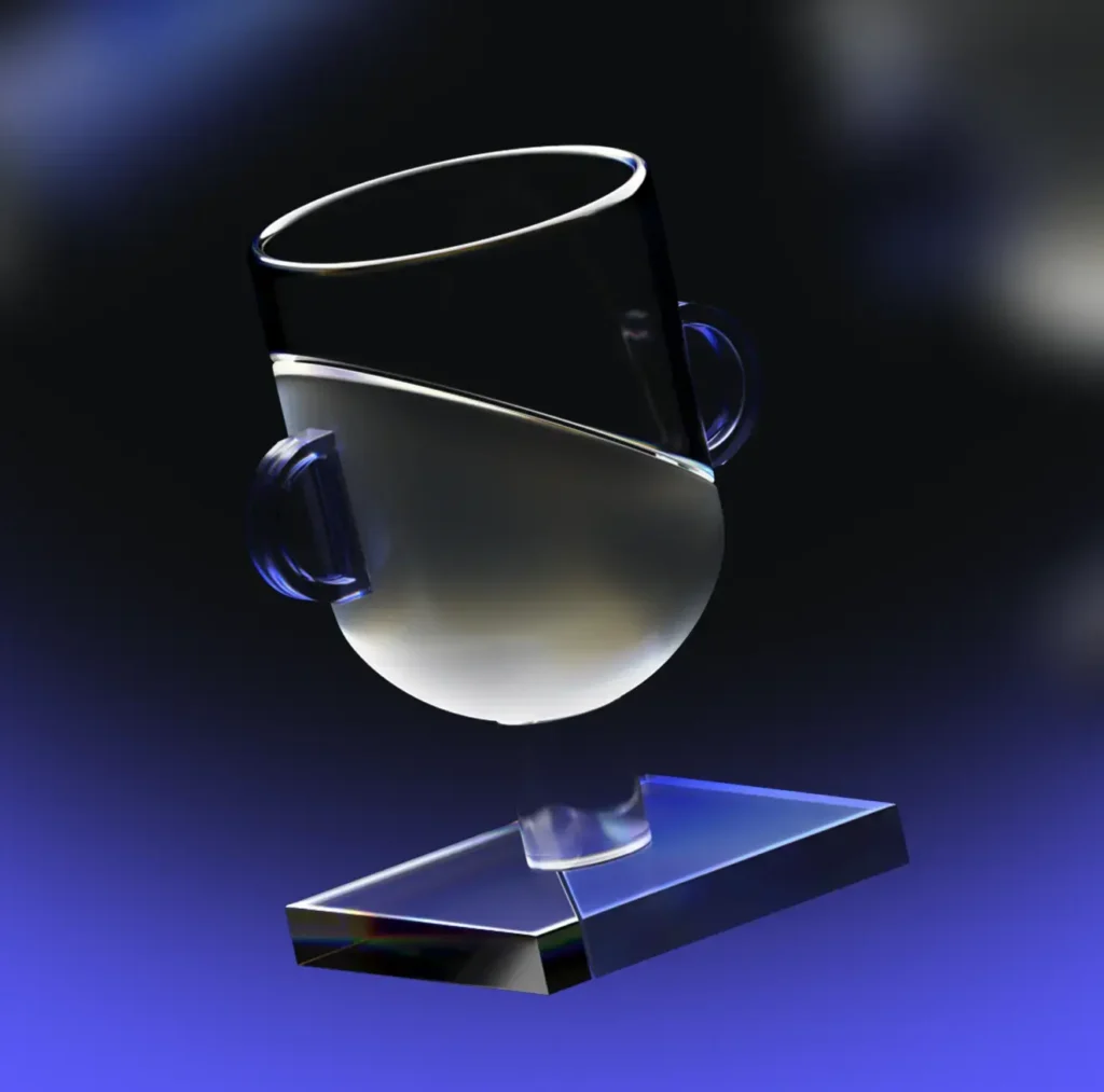 A transparent glass trophy with two handles tilted at an angle, partially filled with liquid, sits on a angular base against a dark, gradient background.