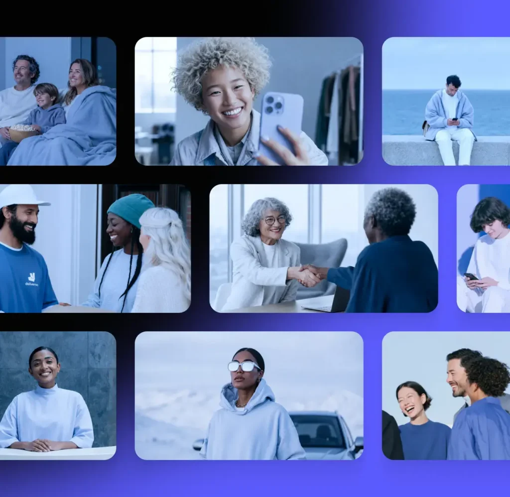 Un collage de nueve imágenes en las que aparecen personas de todo tipo en distintos entornos, entre otras cosas, compartiendo una comida, haciéndose un selfi, trabajando, dándose la mano y socializando.